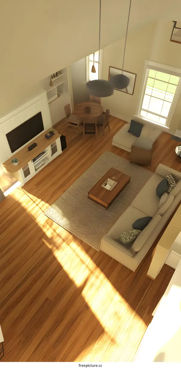 Modern Living Room Interior Design with Light Wood Floor and Large Windows