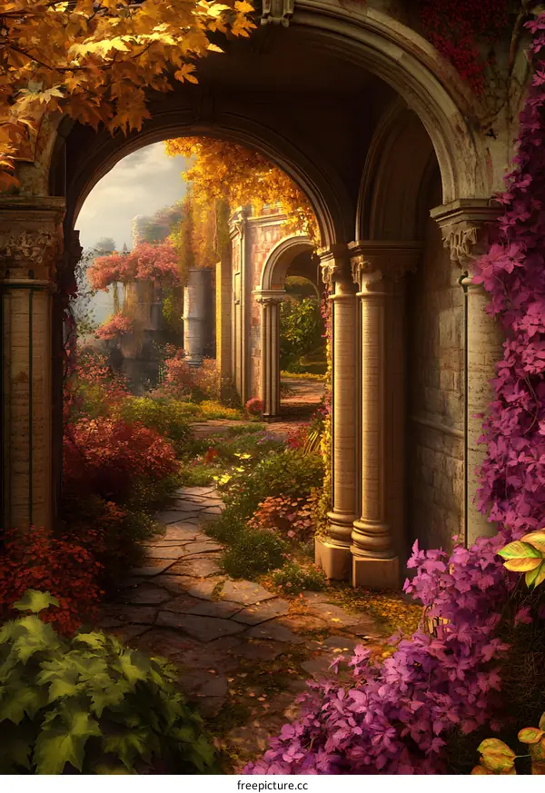 Stone Archway Leading to a Garden in Autumn