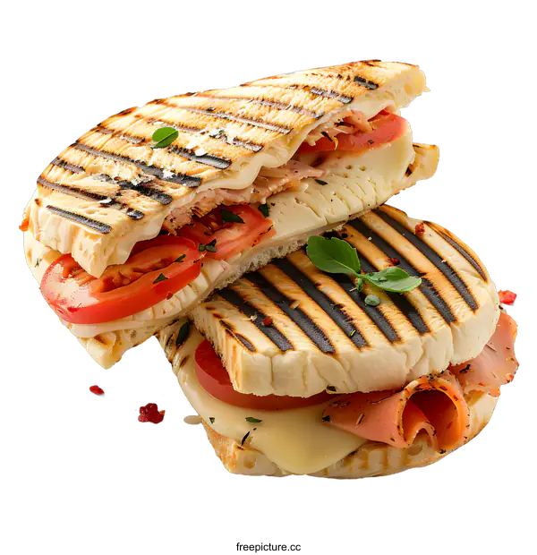 [Transparent Background PNG]A sandwich cut in half with melted cheese, ham, tomato and basil on a white background