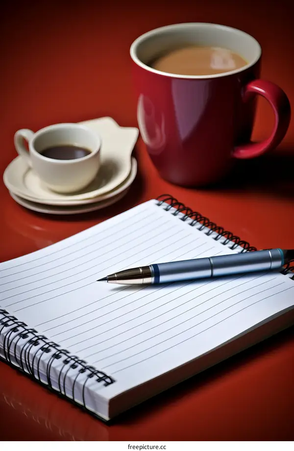 A cup of coffee, a notebook and a pen on a red table