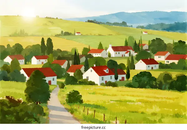 Sunlit Rural Village with Red Roofed Houses and Green Fields
