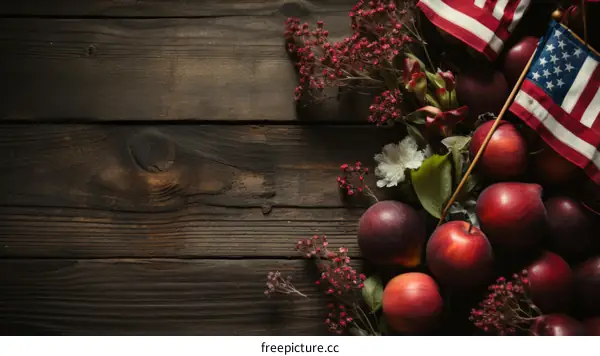 Rustic table decorated with American flags, apples and flowers
