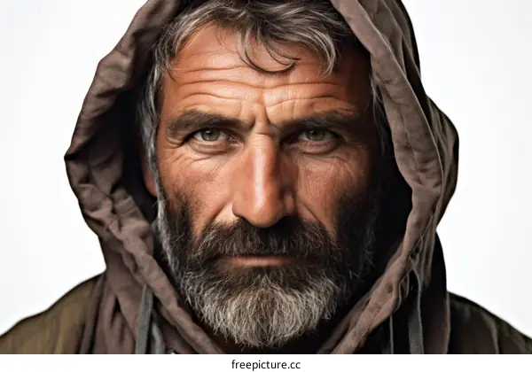 Portrait of an old man with a beard and a hood