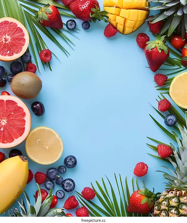 Summer Fruit and Palm Leaves Background