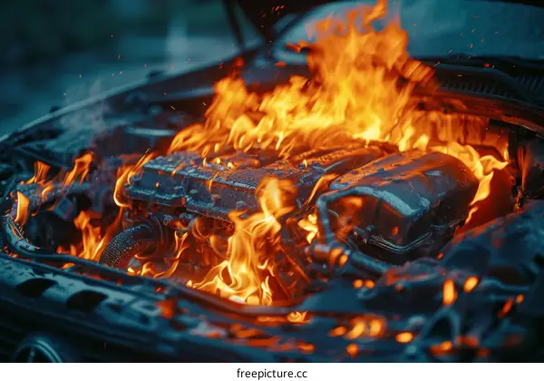 A car engine on fire with flames coming out of it