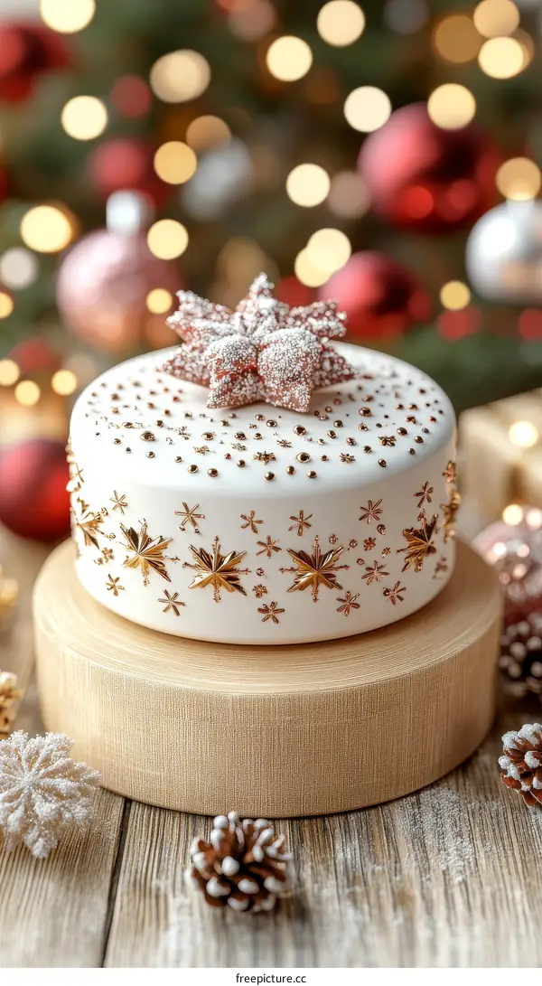 Elegant Christmas Cake Decorated with Gold Snowflake Patterns
