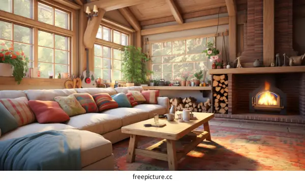 A cozy living room with a fireplace and a large sofa