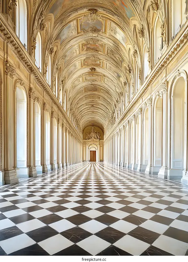 Checkered Floor and Ornate Ceiling in a Grand Hallway