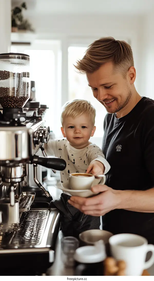 Father and Son Enjoying Coffee Together in Kitchen
