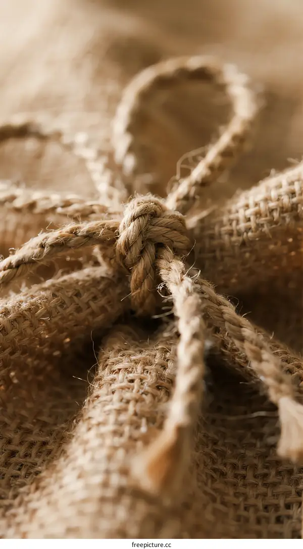 A close-up view of a tied burlap sack with natural texture
