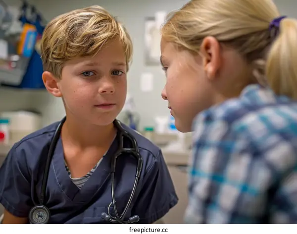 Young boy and girl playing doctor
