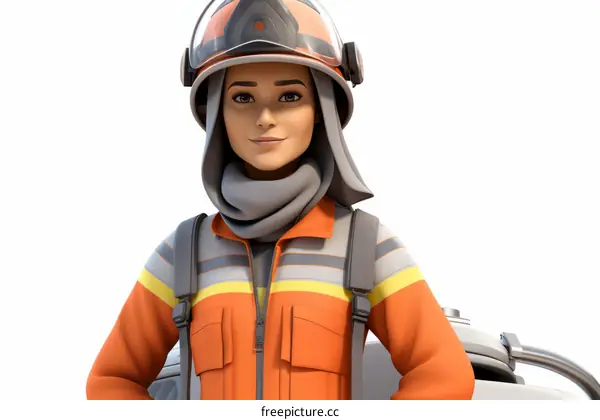 A female firefighter wearing a hijab and protective gear smiles at the camera.