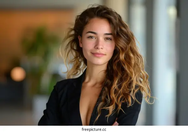 Portrait of a young woman with long brown hair wearing a black suit