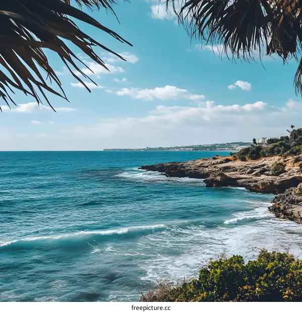Sea Coast with Palm Tree Branches in the Foreground