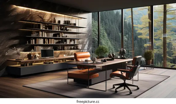 Modern office interior with large windows and a view of the forest