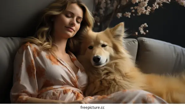 A blonde woman wearing a pink floral dress is sitting on a couch with a large brown dog.