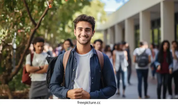 Smiling young male college student on campus with blurred background
