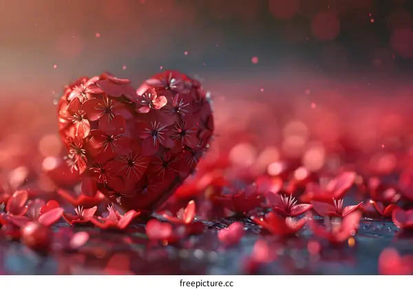 Red heart made of small flowers on the petals