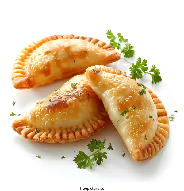 Three fried empanadas on a white background