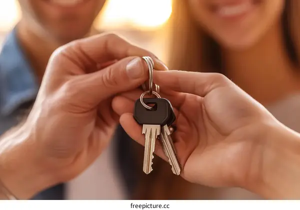 Real estate agent giving keys to new homeowners