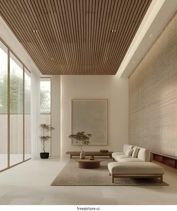 Minimalist Living Room Interior Design With Wooden Ceiling