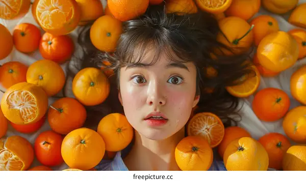 girl laying in oranges