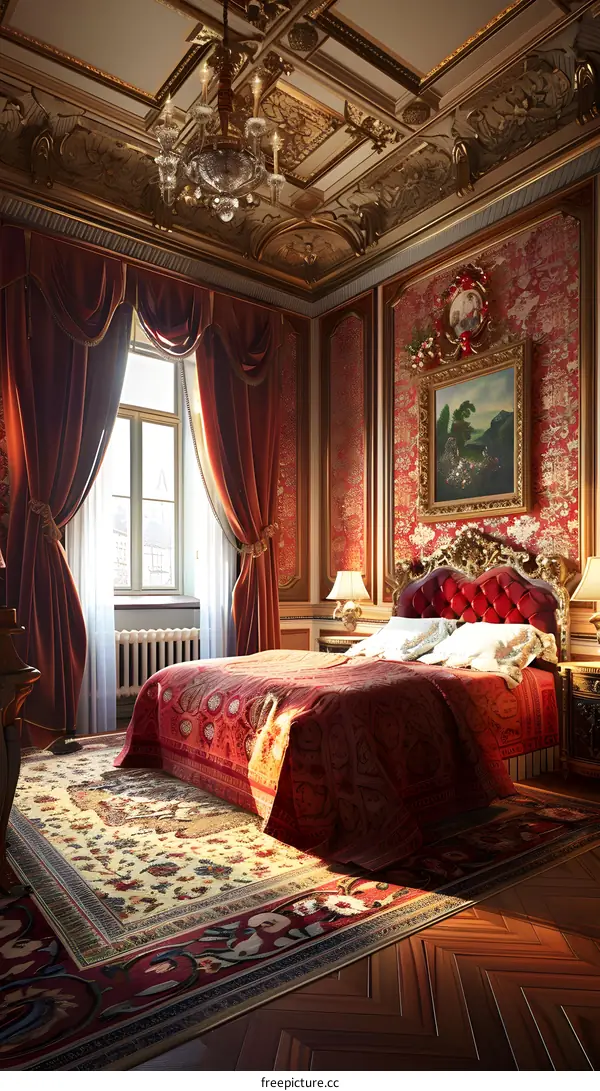 Red and Gold Bedroom Interior Design with  Chandelier and Curtains
