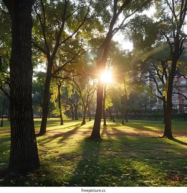 Sun Shining Through the Trees in a Lush Green Park