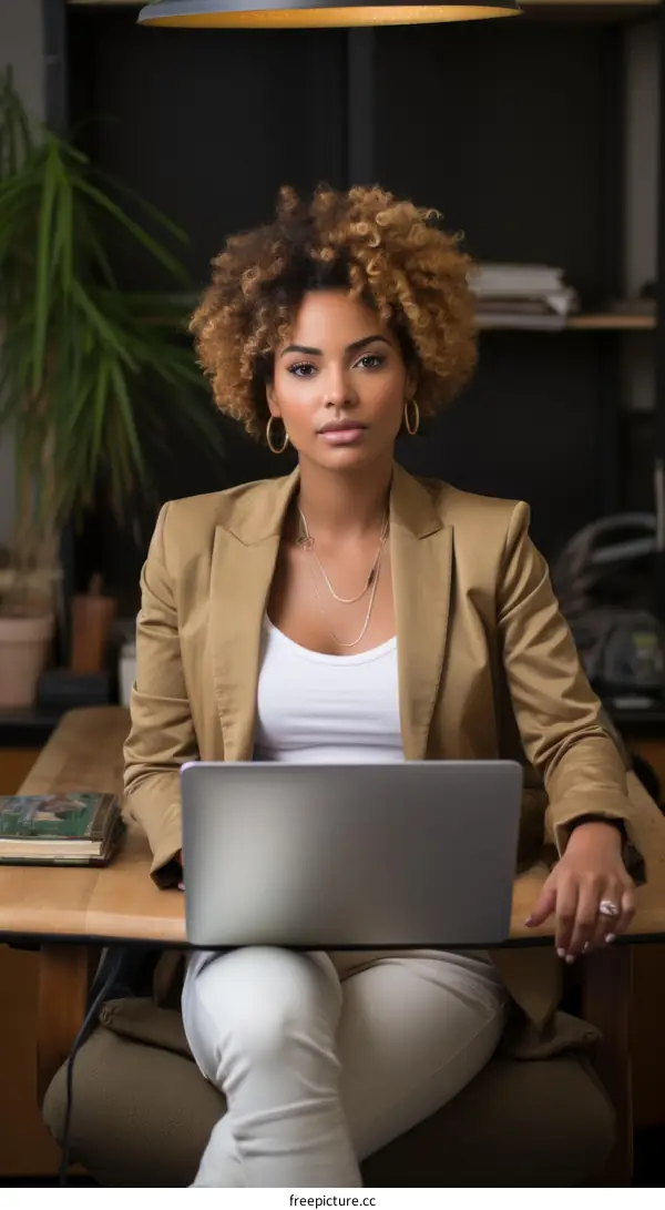 A young woman of African descent is sitting at her desk looking at the camera.