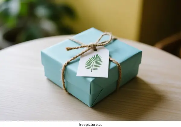 A light blue gift box with a green leaf tag tied with rope