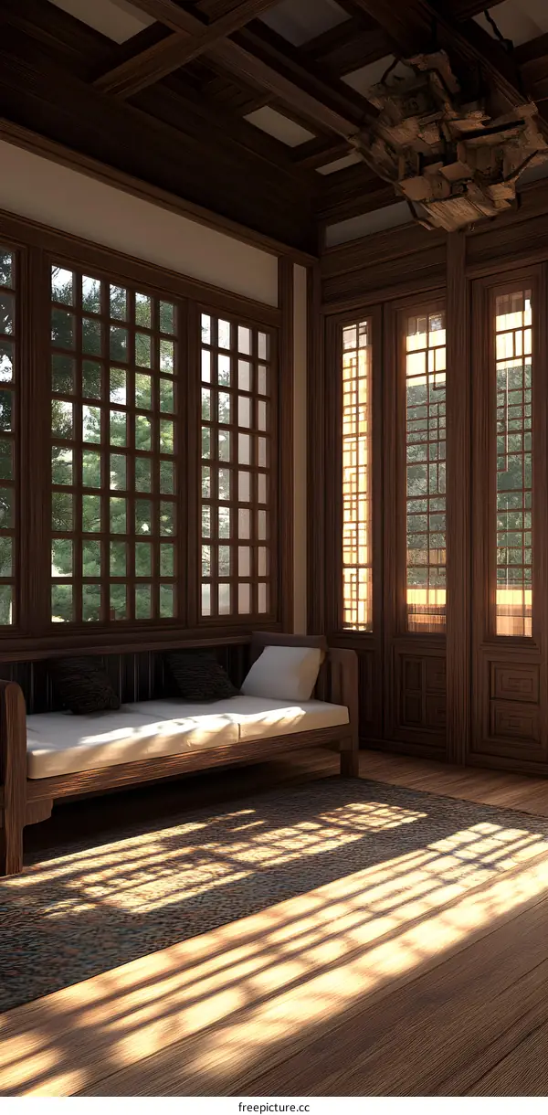 Wooden Room With Windows And Light