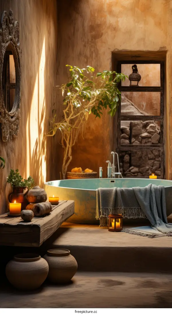 Inviting Bathroom with Blue Bathtub and Natural Elements