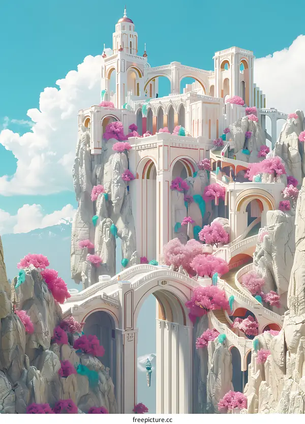 Fantasy Architecture with Pink Trees and Cloudy Sky