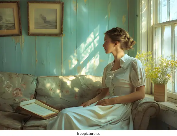 portrait of a girl in a white dress sitting on a couch reading a book