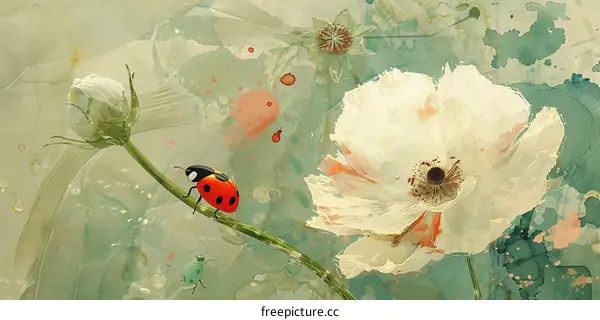 A vibrant ladybug rests on a green stem beside a dainty white flower