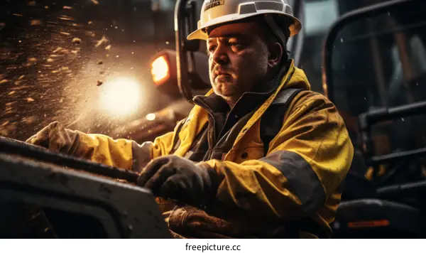 A male construction worker in a hard hat and safety vest operates heavy machinery