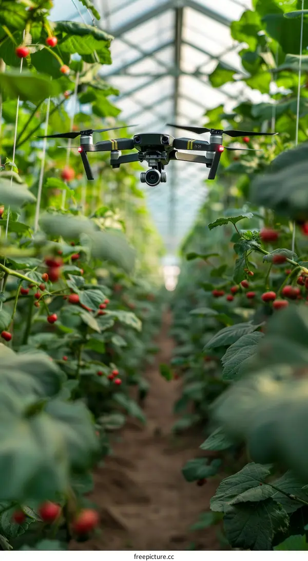 A Drone Flies over a Greenhouse Filled with Raspberry Plants