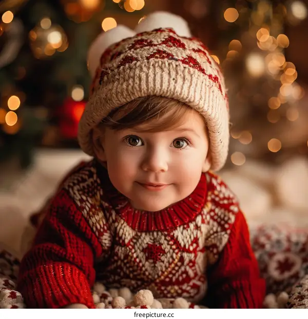 Baby in red and white Christmas sweater and hat with pom poms