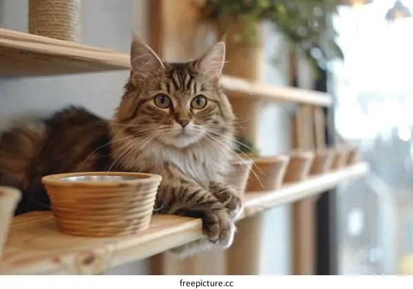 A cute cat is sitting on a wooden shelf in a pet cafe
