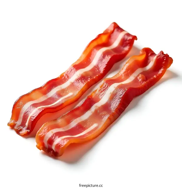 Two Slices of Crispy Bacon on White Background