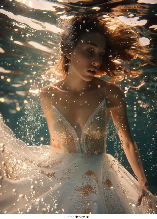 An ethereal underwater portrait of a woman in a white dress