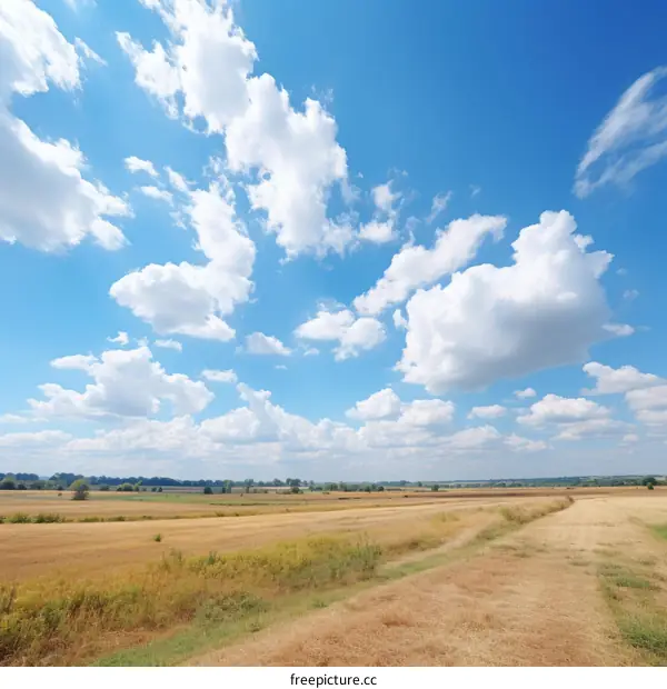 Golden Field Countryside Landscape with Blue Sky