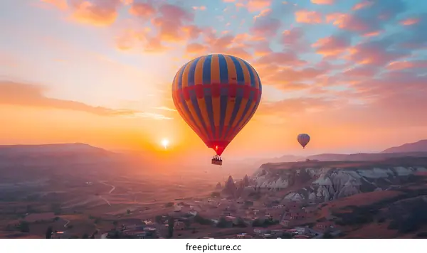 Hot Air Balloons Flying Over Mountains at Sunset