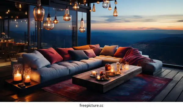 Modern luxury house interior living room with amazing sunset mountain view