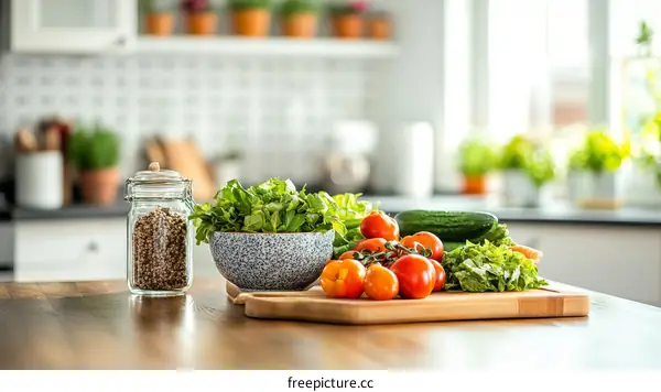 Fresh Vegetables and Spices on Kitchen Counter