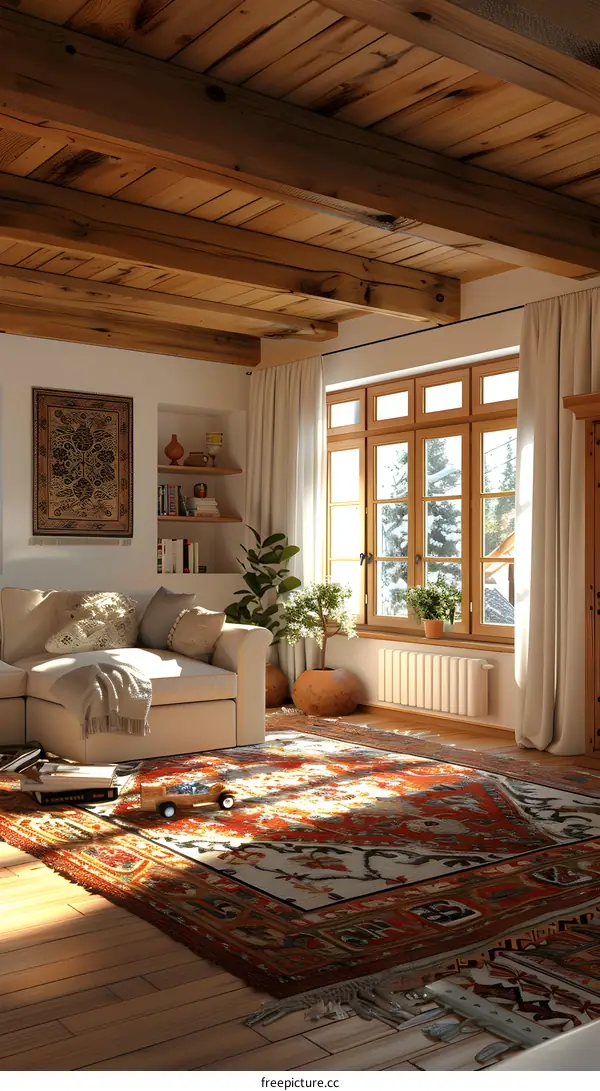 A cozy living room with a fireplace and a large window