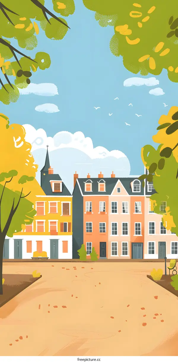 Cartoon Illustration of Houses in a Town