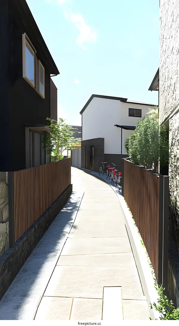 Narrow Alleyway with Wooden Fence and Houses