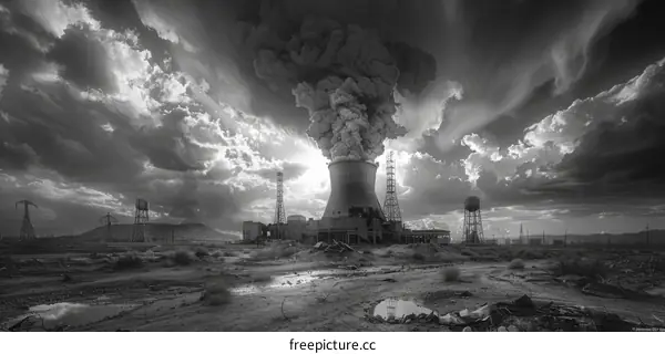 Black and white photo of a nuclear power plant with a large smoke plume billowing from the cooling tower