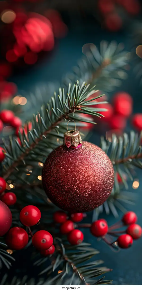 Red Christmas Ornament Hanging on a Pine Tree Branch